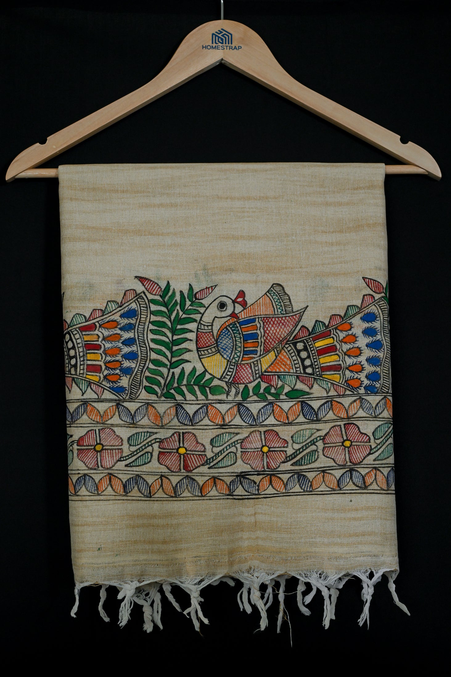 Feathered Symphony Handpainted Madhubani Khadi Dupatta | Artistic Stall