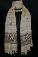 Ghicha Silk Stole | Handpainted Peacock Motif Madhubani Design