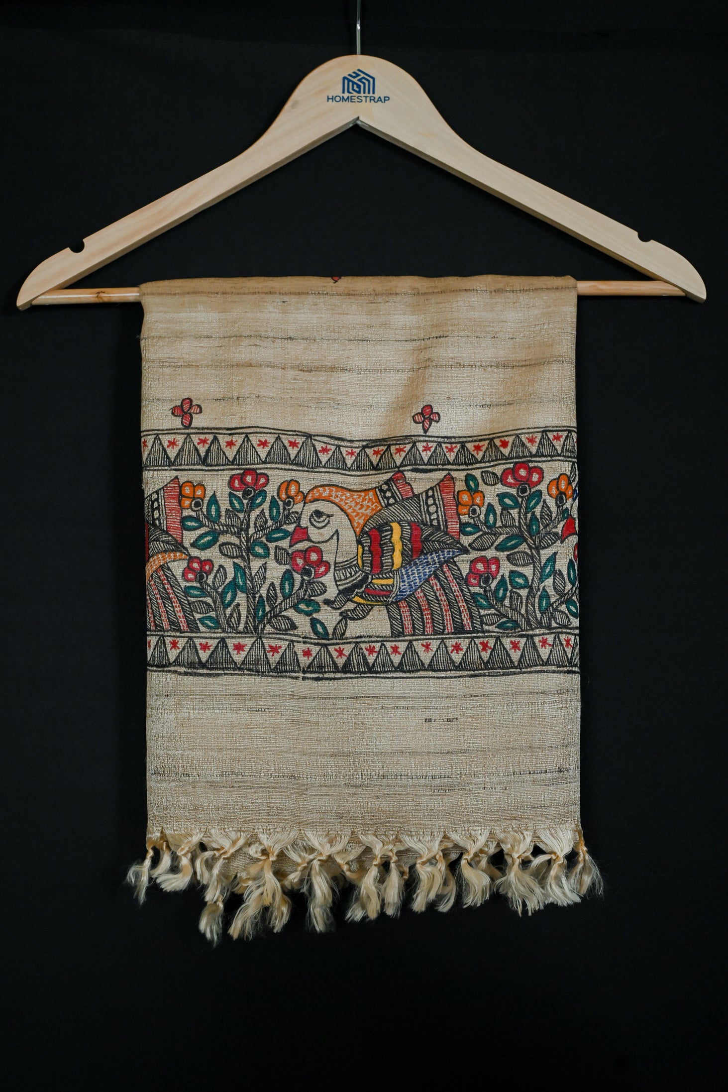 Ghicha Silk Stole | Handpainted Peacock Motif Madhubani Design