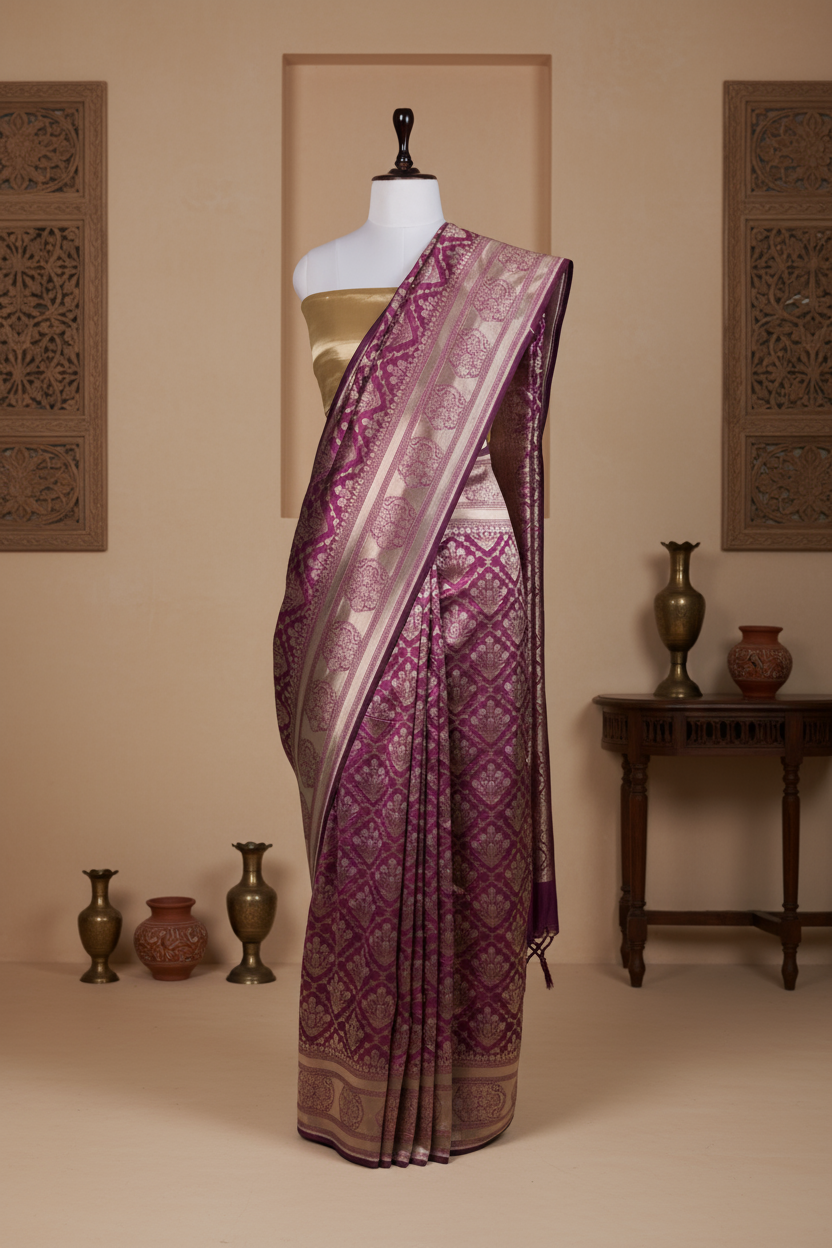 Mehroon Nazakat Saree | Handwoven Banarasi Silk Saree