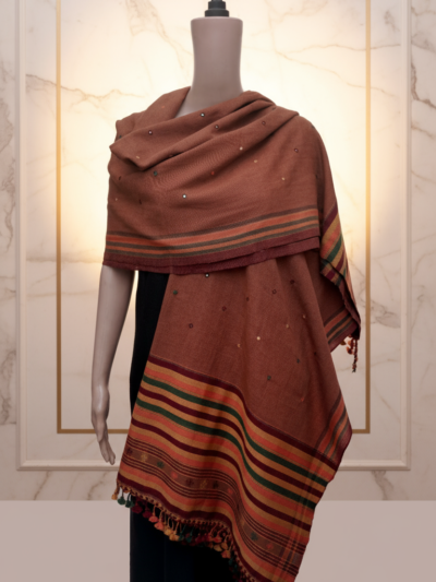 Autumn Glow | Wool Mirrorwork Handwoven Kutch Shawl