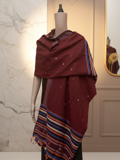 Maroon Stripe | Wool Mirrorwork Handwoven Kutch Shawl