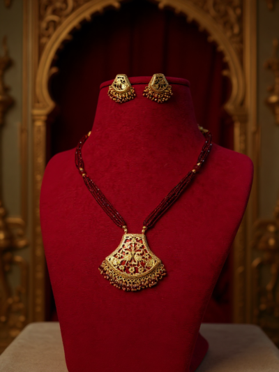 Mayura Phool Thewa Garnet Glass Bridal Pendant Set