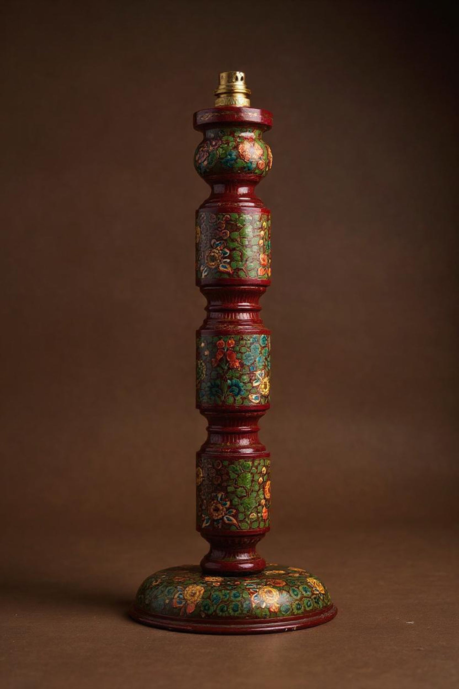 Kashmiri Crimson Blossom Lamp Base | Handcrafted Wooden Lamp Stand