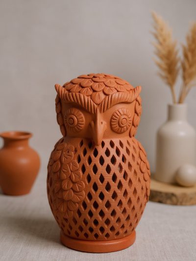 Terracotta Owl T-Light Holder (Floral & Diamond Cutwork)