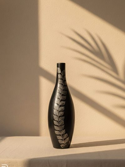 Kaali Pallav Organic Leaf Motif Artistic Black Vase