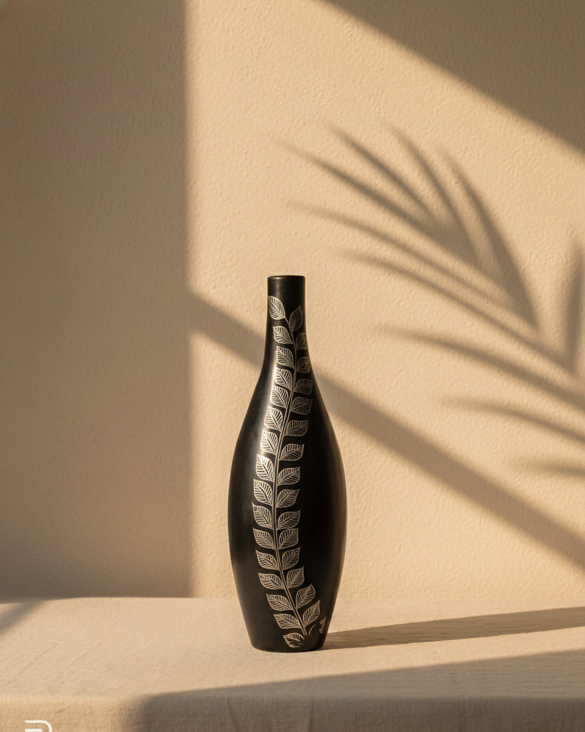 Kaali Pallav Organic Leaf Motif Artistic Black Vase