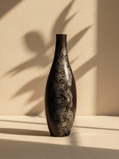Raat Gulmohar Midnight Blossom Motif Black Ceramic Vase