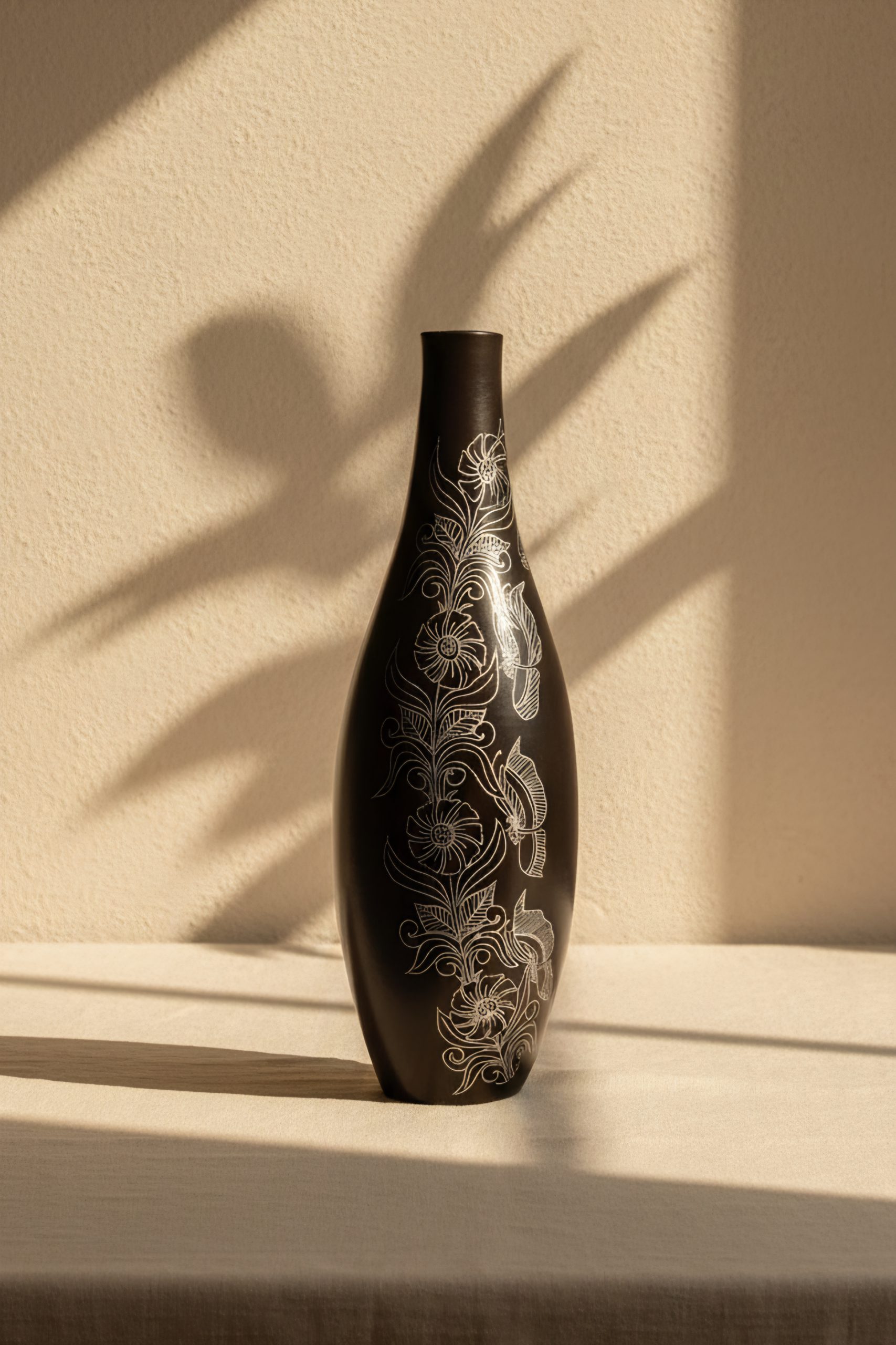 Raat Gulmohar Midnight Blossom Motif Black Ceramic Vase