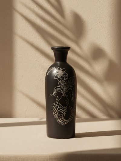 Noir Matsya Black Pottery Fish Vase | Handmade Home Décor