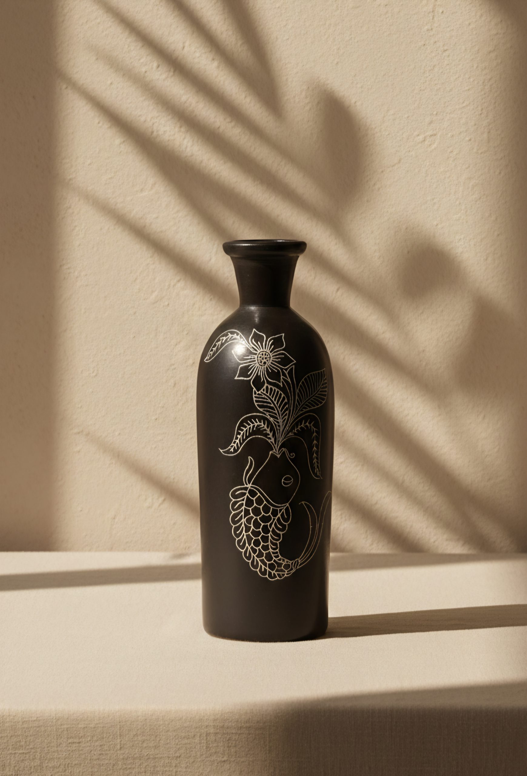 Noir Matsya Black Pottery Fish Vase | Handmade Home Décor