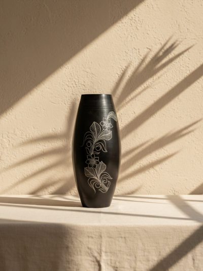 Ebon Bloom Black Pottery Vase | Handcrafted Kaali Kamal Design