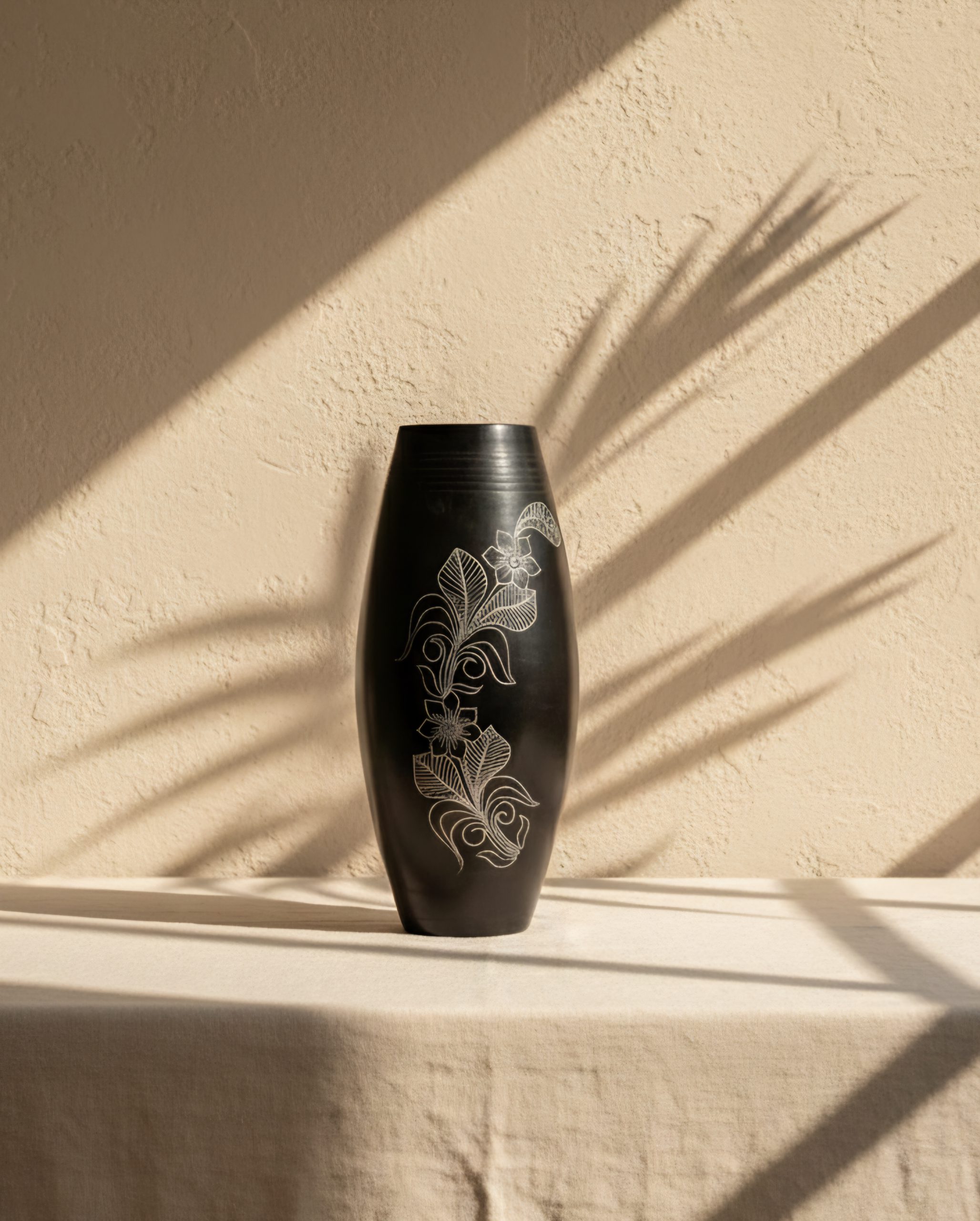 Ebon Bloom Black Pottery Vase | Handcrafted Kaali Kamal Design