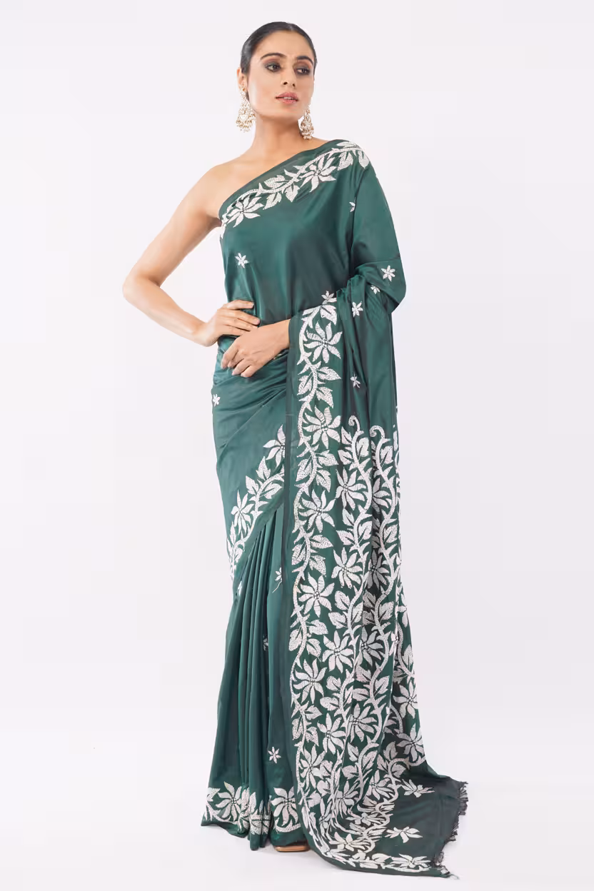 Emerald Kantha Saree | Blended Silk - Image 5