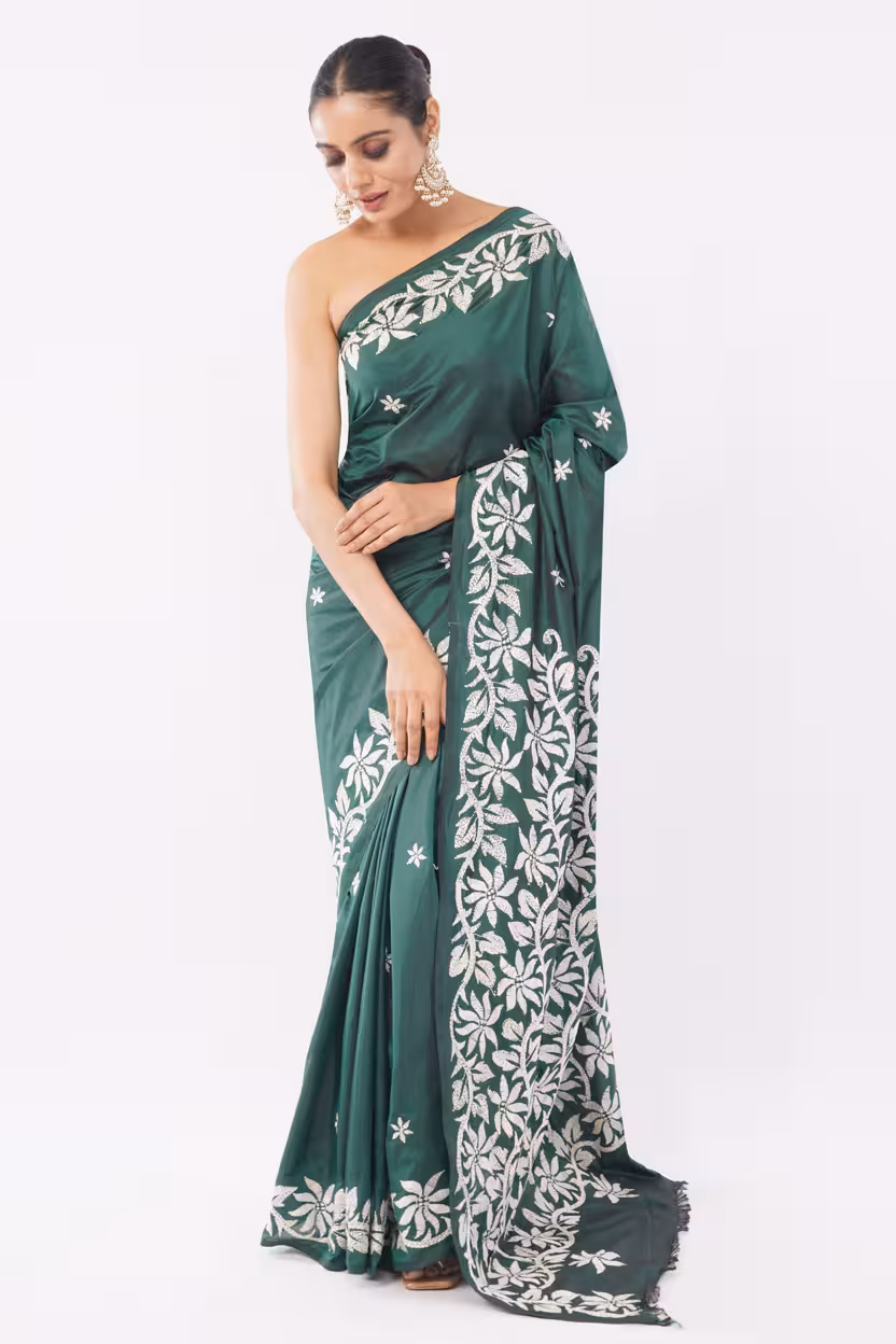 Emerald Kantha Saree | Blended Silk - Image 4