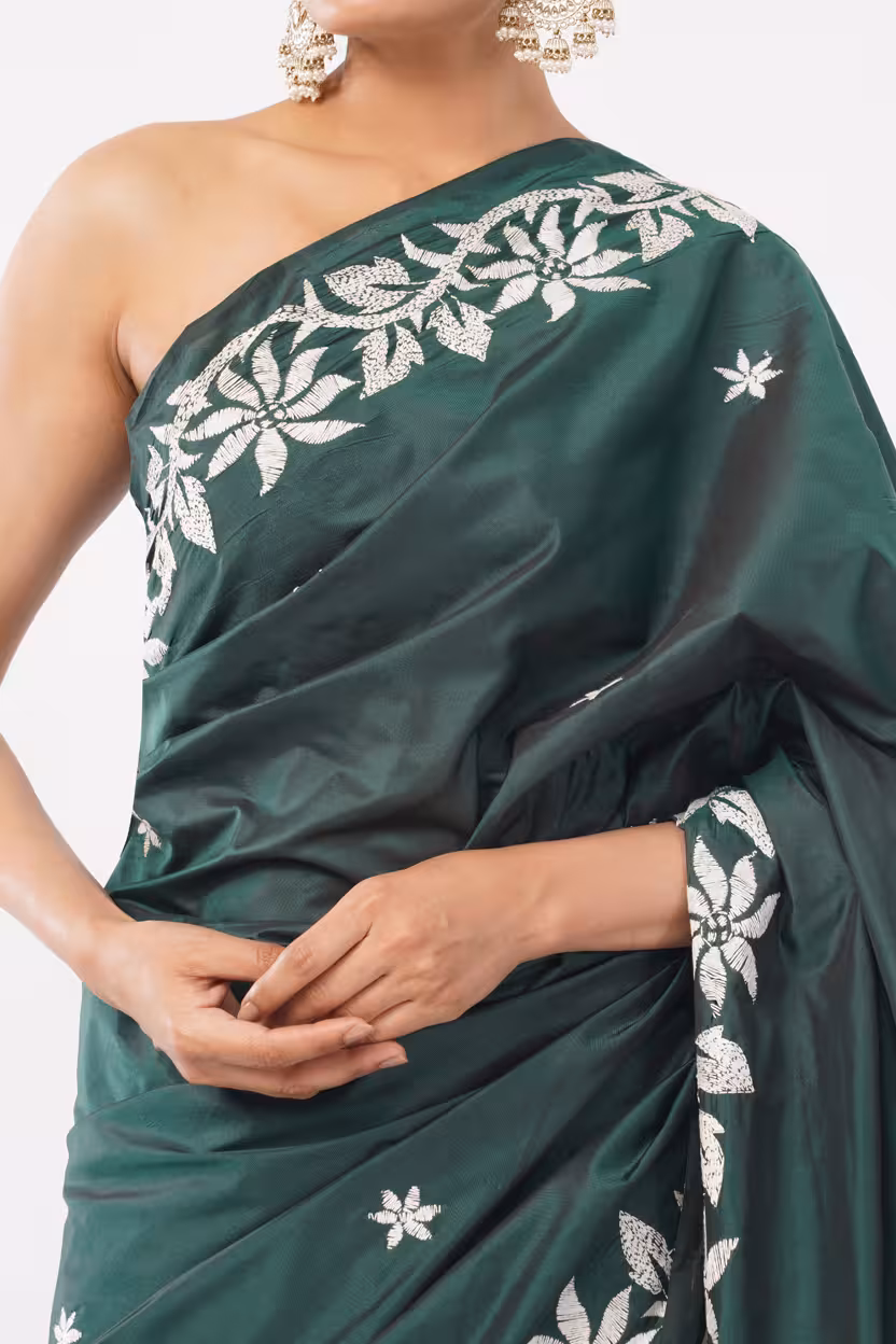 Emerald Kantha Saree | Blended Silk - Image 3