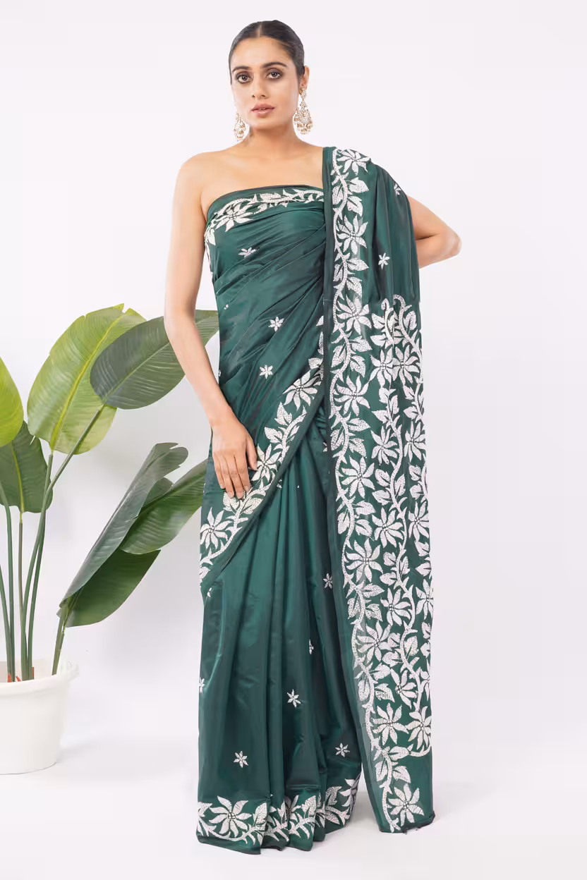 Emerald Kantha Saree | Blended Silk