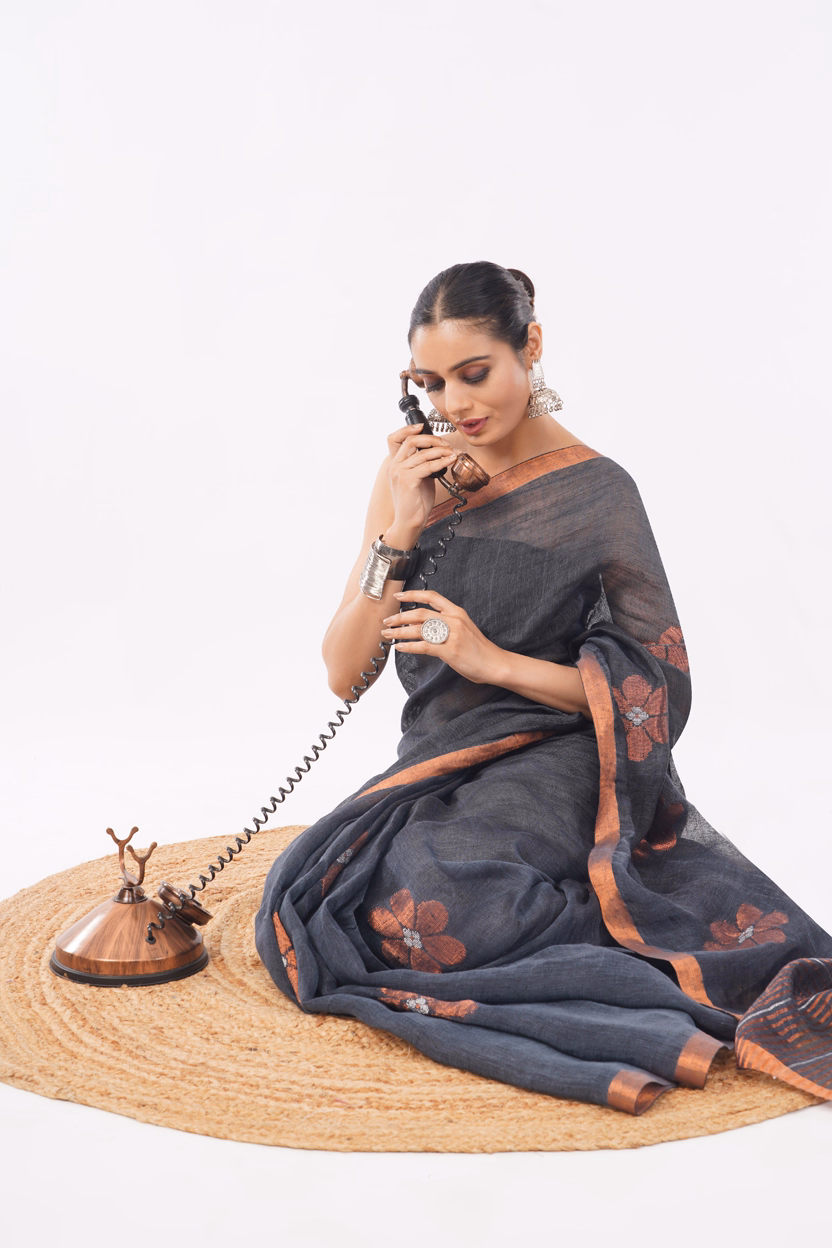 Charcoal Rust Saree | Linen Classics